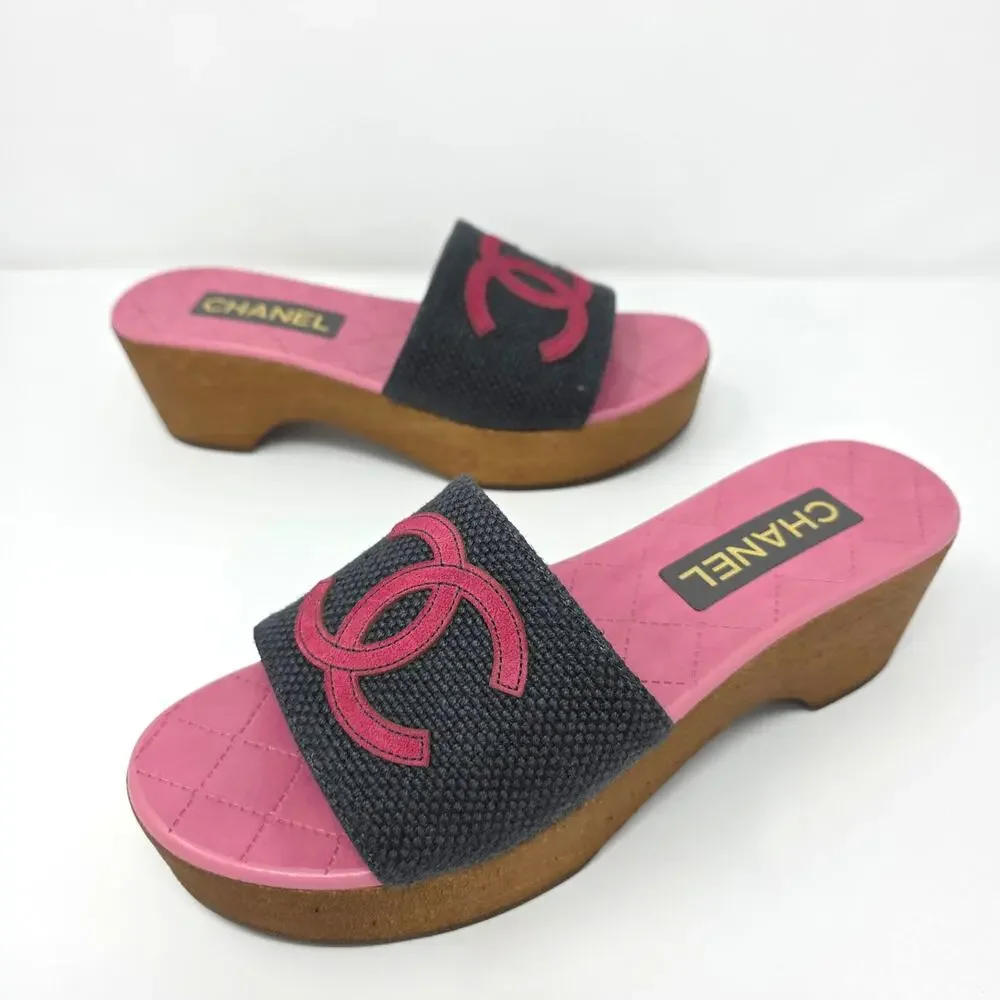 Chanel CC Logo Platform Slides Day Sandals Pink Navy Blue Slip On IT 39 US 8.5